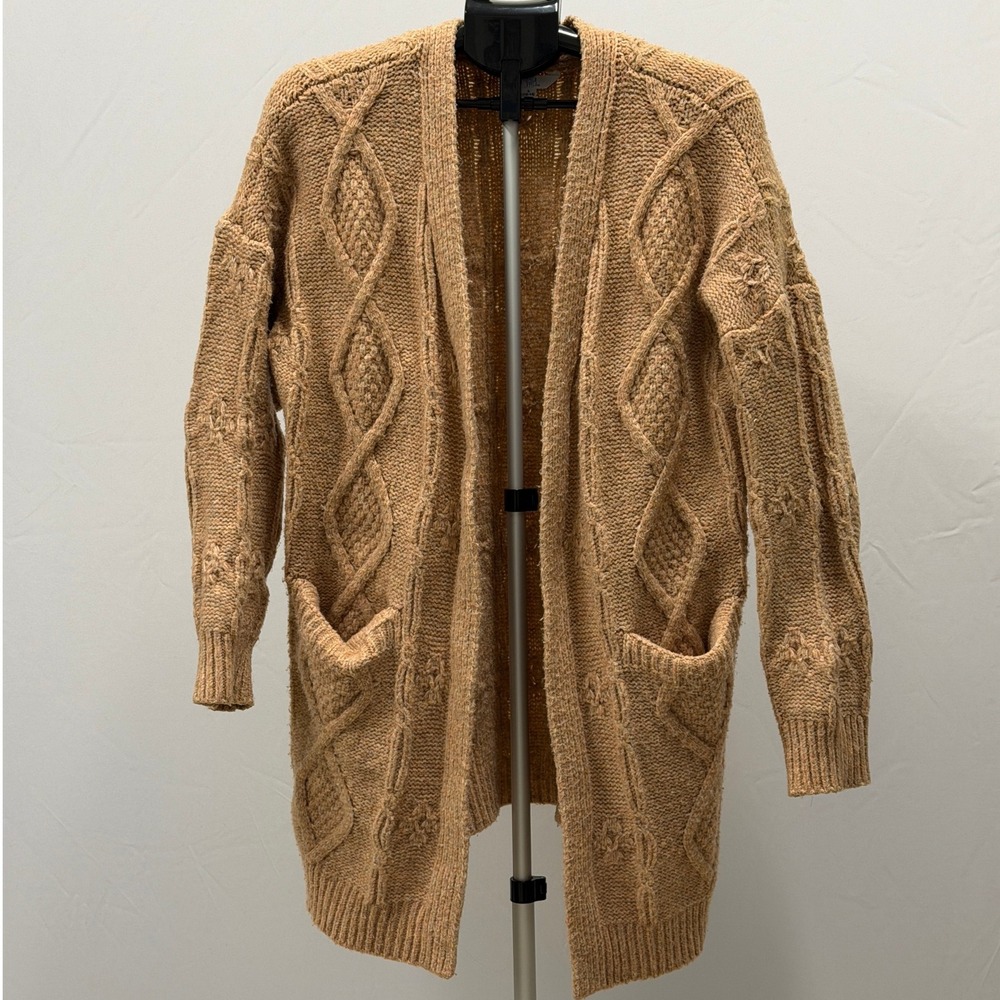 Time and Tru Women's Cable Knit Long Cardigan Sweater L 12 14‎ Brown Pockets